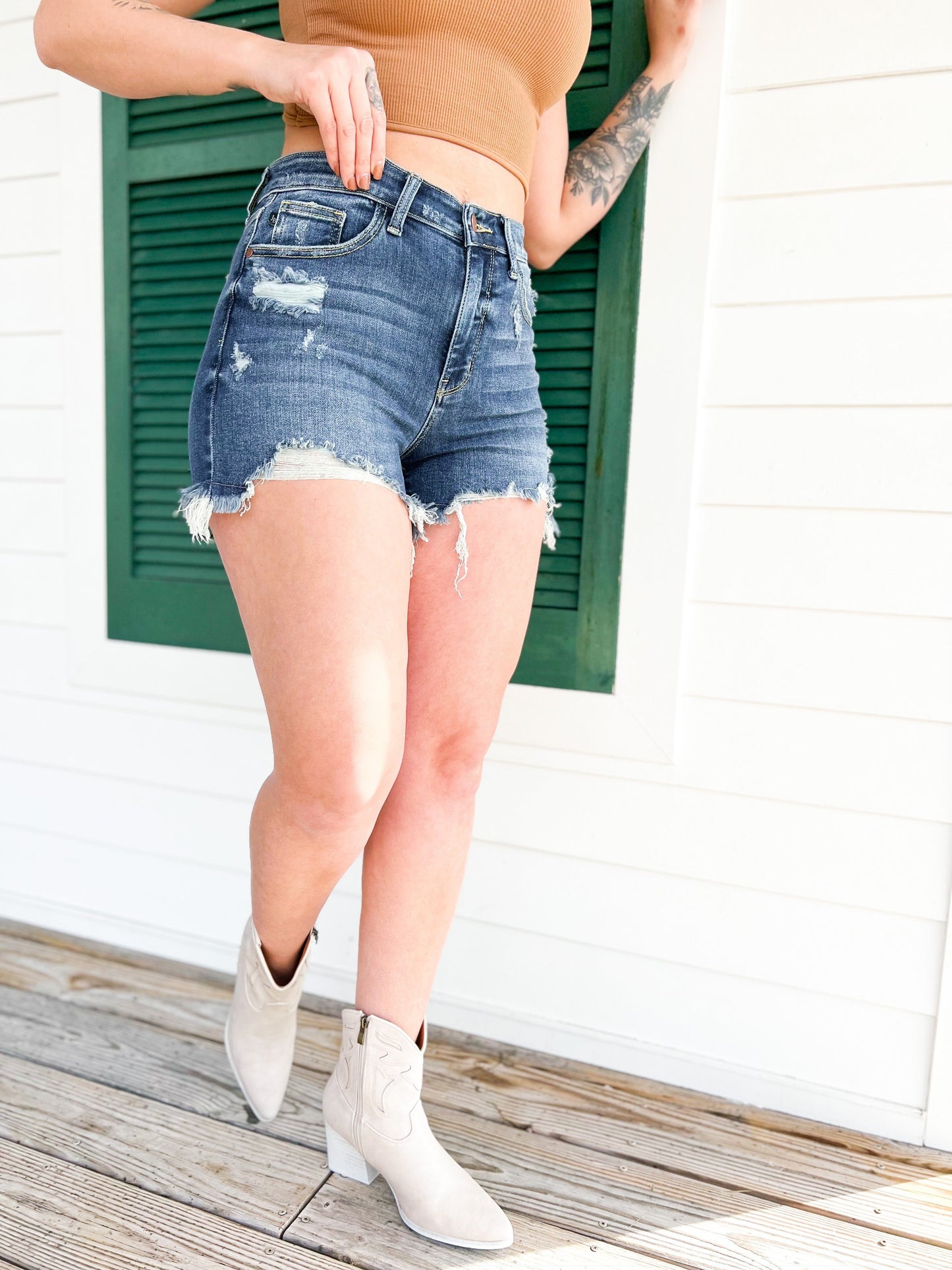 Judy Blue Hot Girl Summer Dark Wash Destroyed Fray Hem Shorts