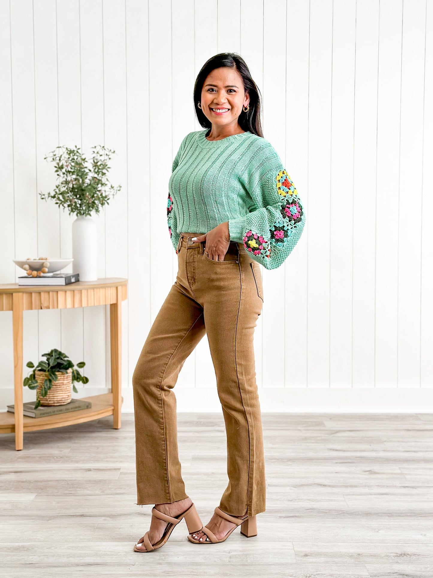 Risen High Rise Cocoa Tummy Control Raw Hem With Slit Slide Straight Leg Jeans