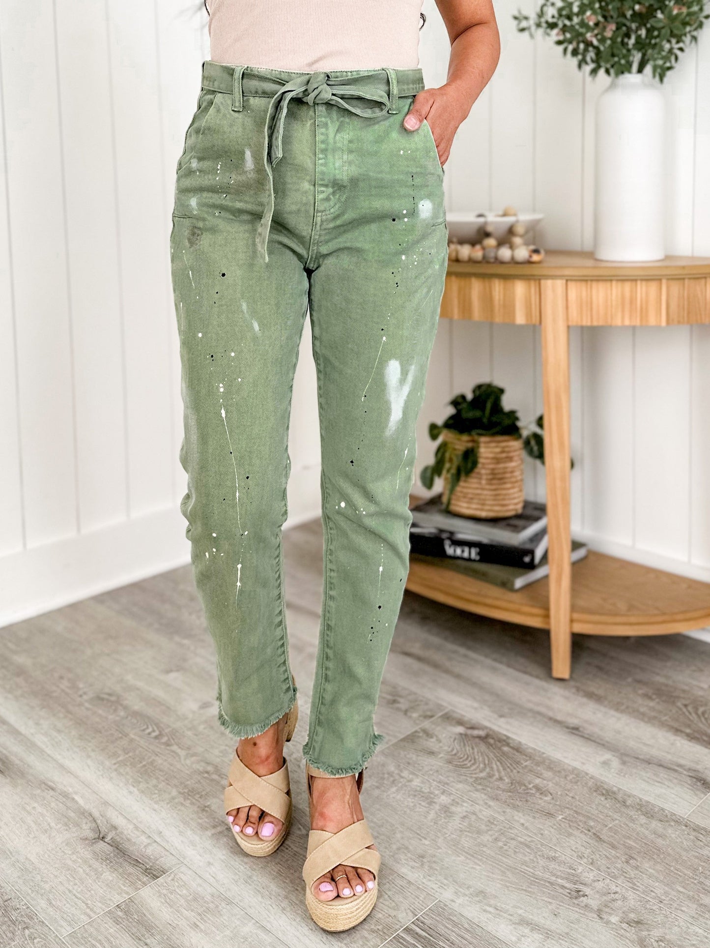 Risen Vintage Paint Splattered Slouch 100% Cotton Olive Pants