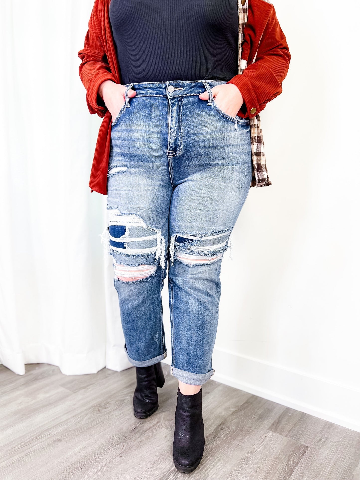 Risen Dark Wash High Rise Distressed Girlfriend Jeans