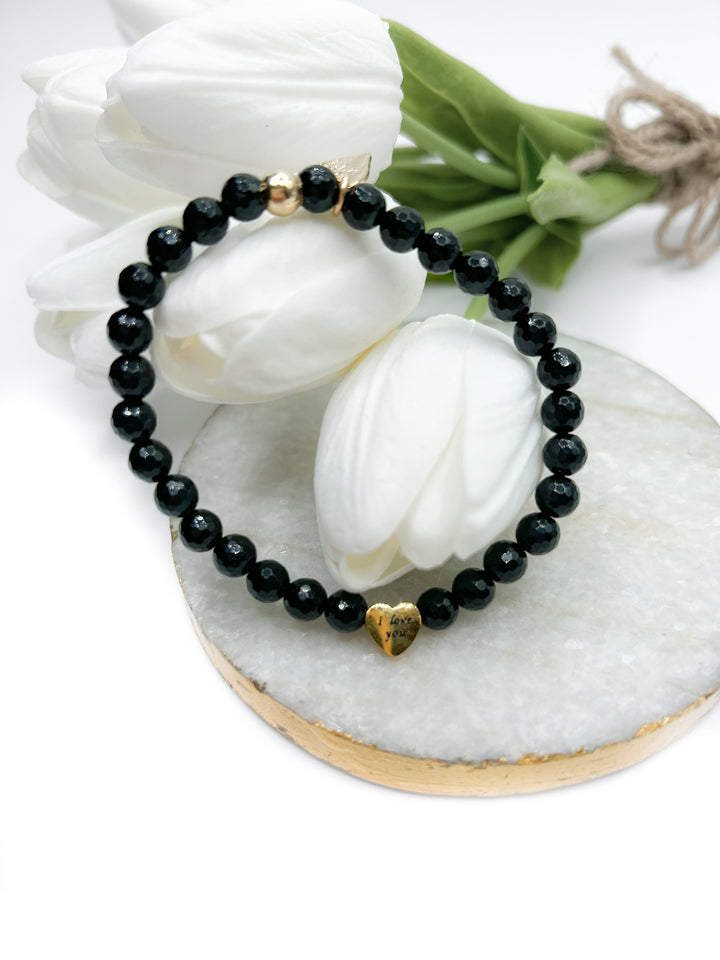 Love, Poppy Gold "I Love You" Charm Black Beaded Stretch Bracelet