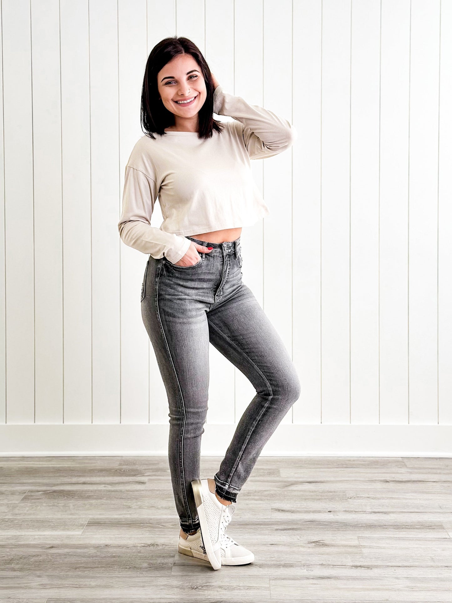 Judy Blue 50 Shades of Grey High Rise Grey Wash Tummy Control Skinny Jeans With Release Hem