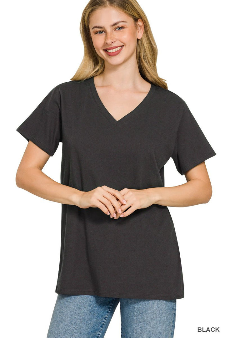 Door Buster! Plus/Reg Zenana Cotton Short Sleeve V Neck Tee - Freckled Poppy