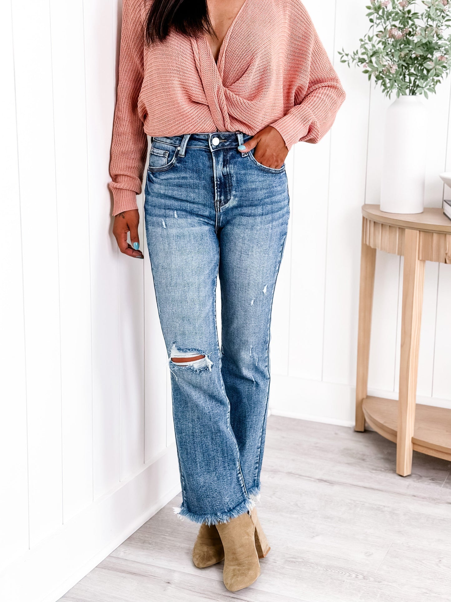 Risen Weekend Living High Rise Dark Wash Distressed Crop Kick Flare