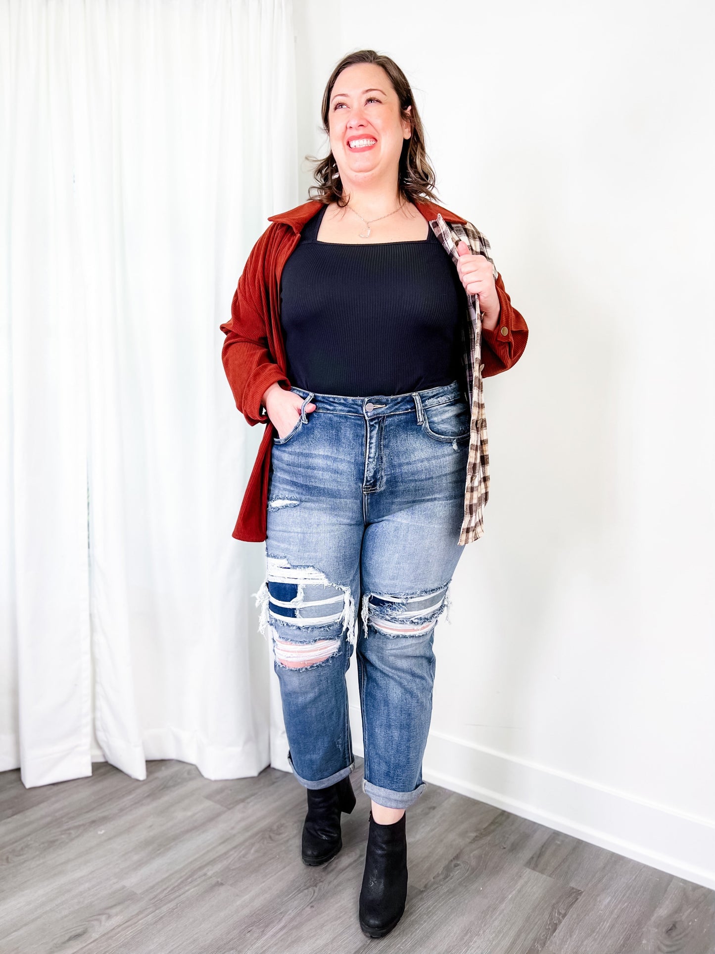 Risen Dark Wash High Rise Distressed Girlfriend Jeans