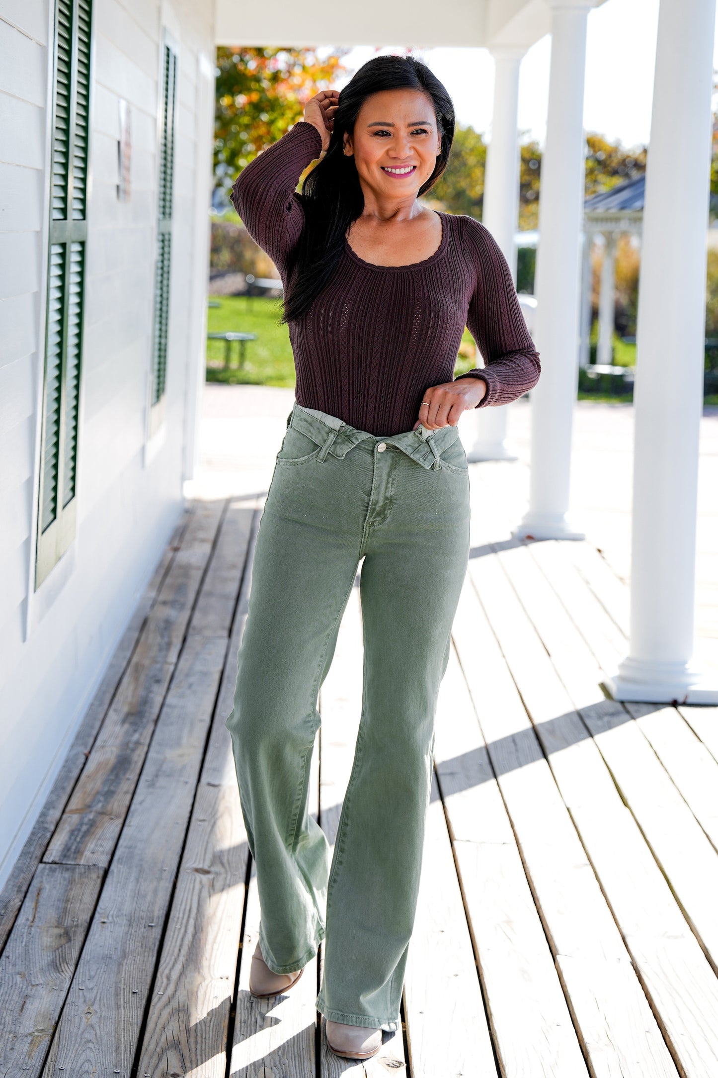 Risen Mid Rise Olive Flap Slim Wide Leg Jeans