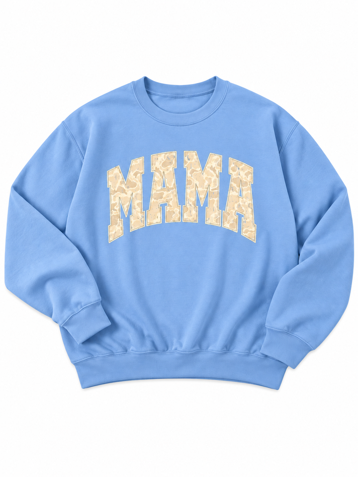 Plus/Reg "Mama" Camo Varsity Letter Graphic Sweatshirt