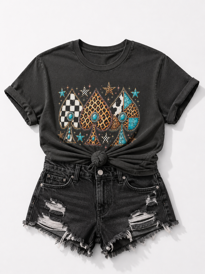 Plus/Reg Short Sleeve Multi Pattern Spades and Stars Western Graphic Tee