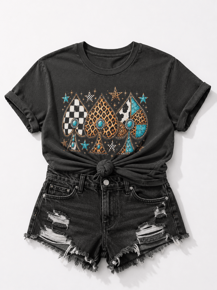 Plus/Reg Short Sleeve Mixed Pattern Spades and Stars Western Graphic Tee - Freckled Poppy