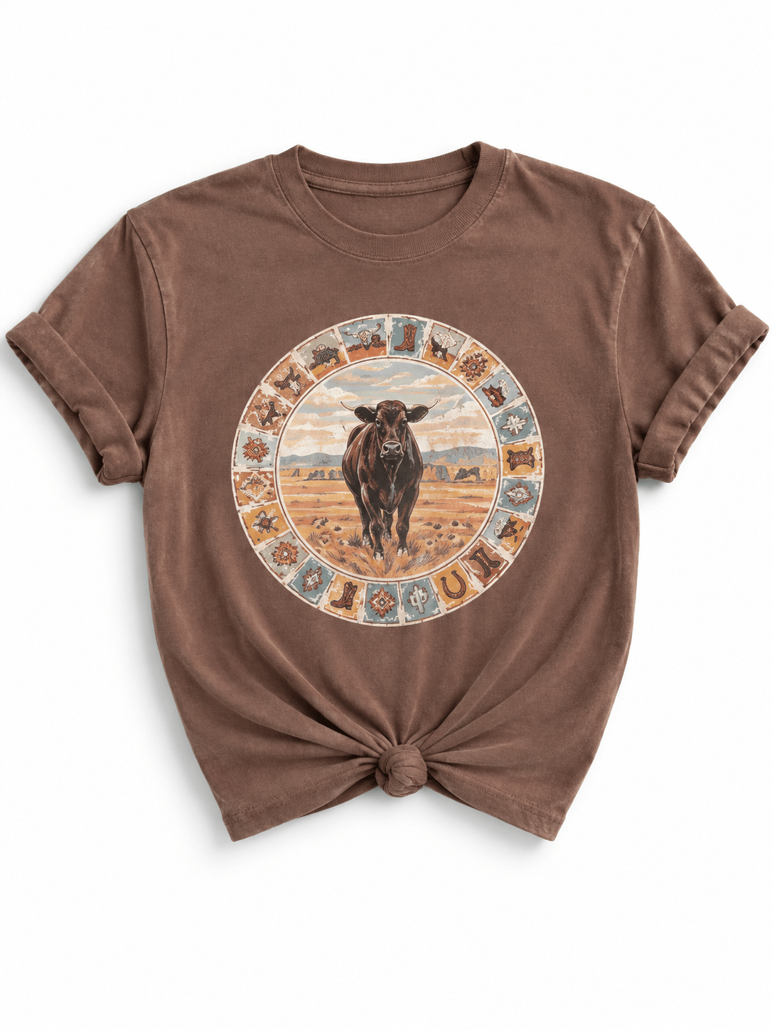 Plus/Reg Short Sleeve Cow and Stamps Western Graphic Tee - Freckled Poppy