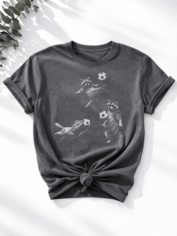 Plus/Reg Short Sleeve "Soccer Raccoon" Graphic Tee - Freckled Poppy