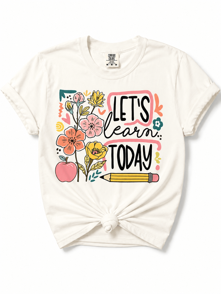 Plus/Reg Short Sleeve Let's Learn Today Floral Teacher Graphic Tee - Freckled Poppy