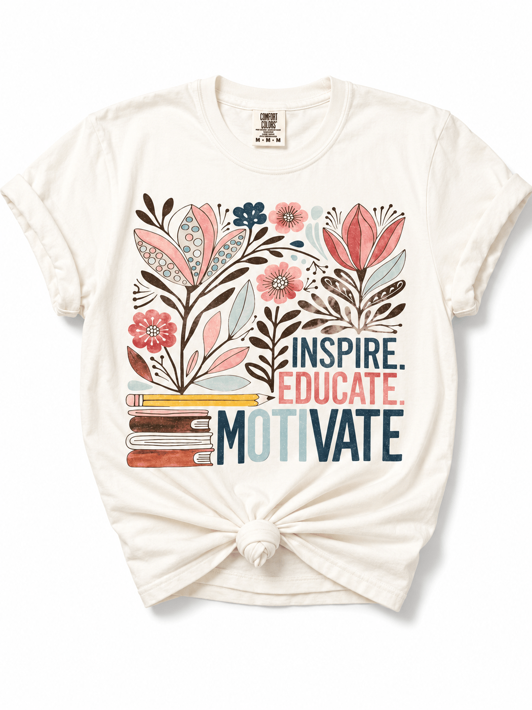 Plus/Reg Short Sleeve Inspire Educate Motivate Floral Teacher Graphic Tee - Freckled Poppy