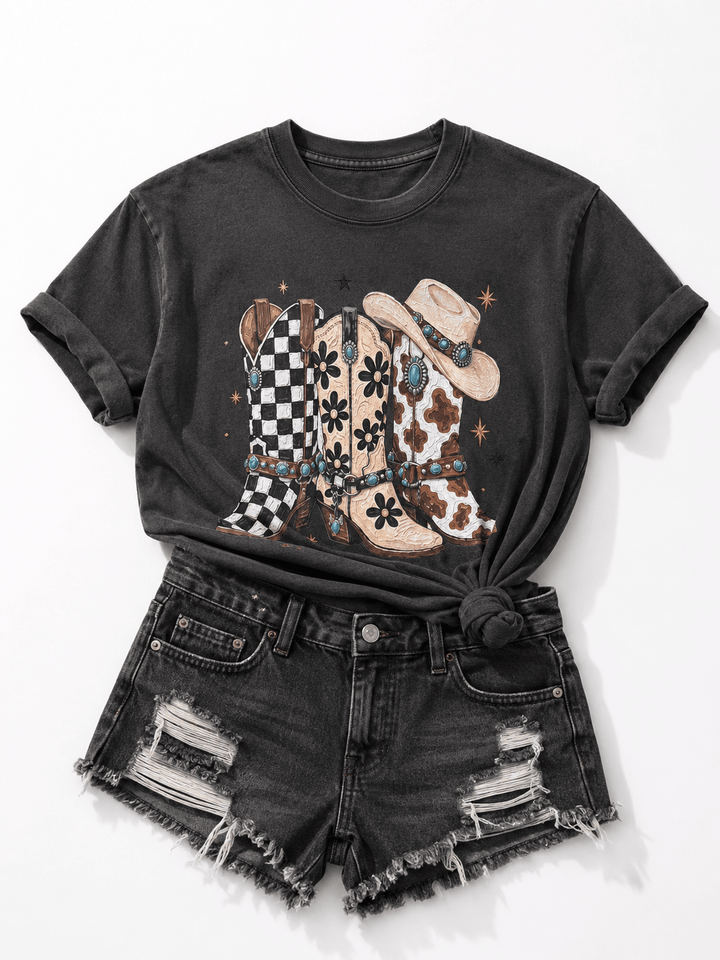 Plus/Reg Short Sleeve Multi Pattern Cowboy Boot Western Graphic Tee - Freckled Poppy