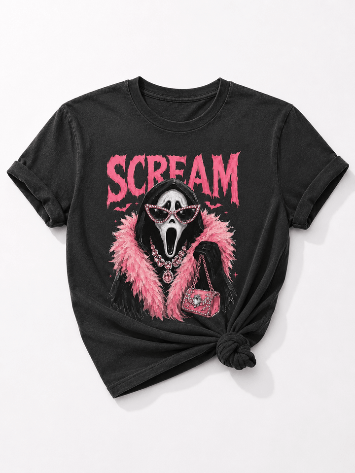 Plus/Reg Short Sleeve Pink Scream Glam Halloween Graphic Tee - Freckled Poppy