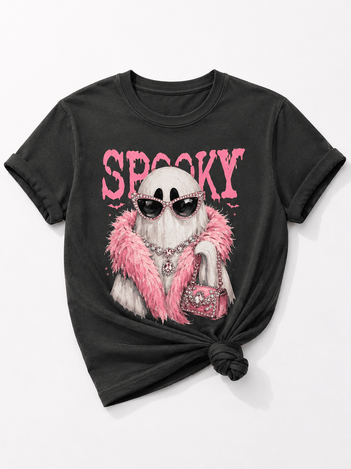 Plus/Reg Short Sleeve Spooky Glam Ghost Halloween Graphic Tee - Freckled Poppy