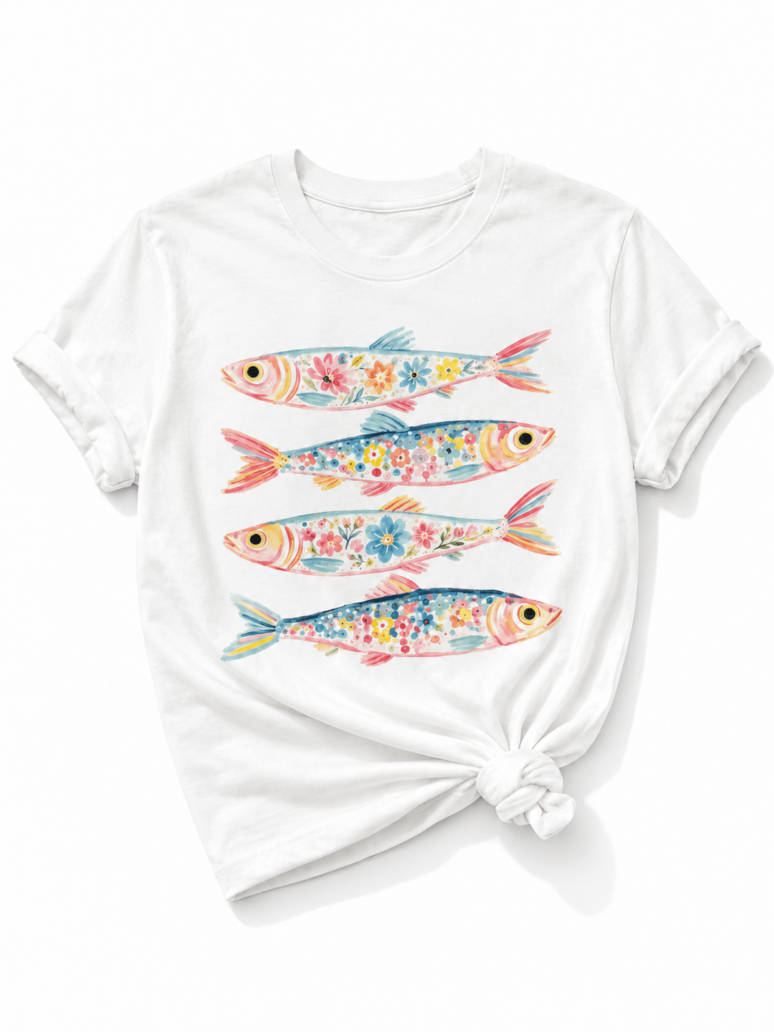 Plus/Reg Short Sleeve Water Color Floral Fish Graphic Tee - Freckled Poppy
