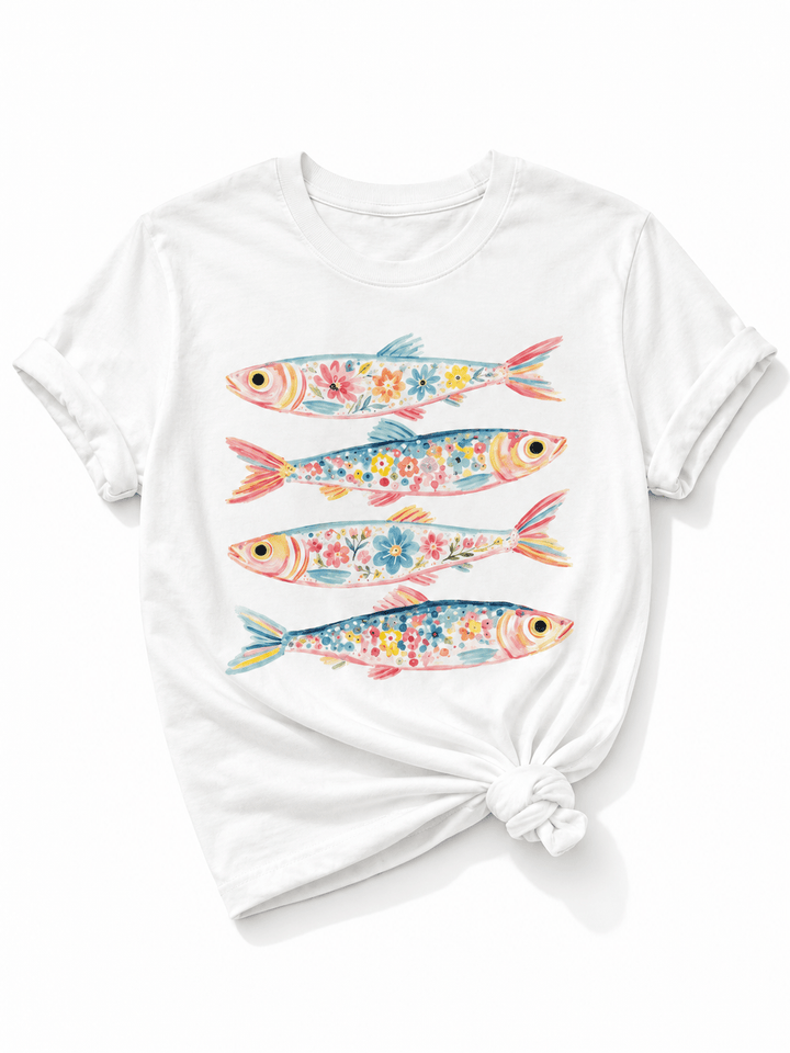 Plus/Reg Short Sleeve Water Color Floral Fish Graphic Tee - Freckled Poppy