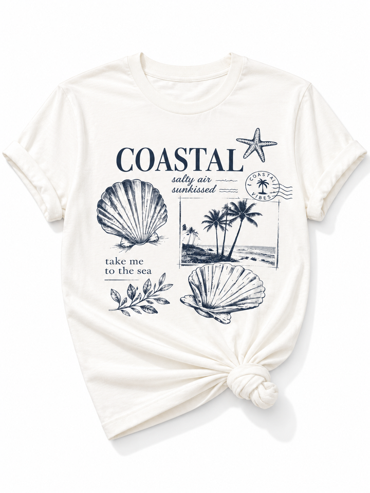 Plus/Reg Short Sleeve Coastal Vibes Shells and Palm Trees Graphic Tee