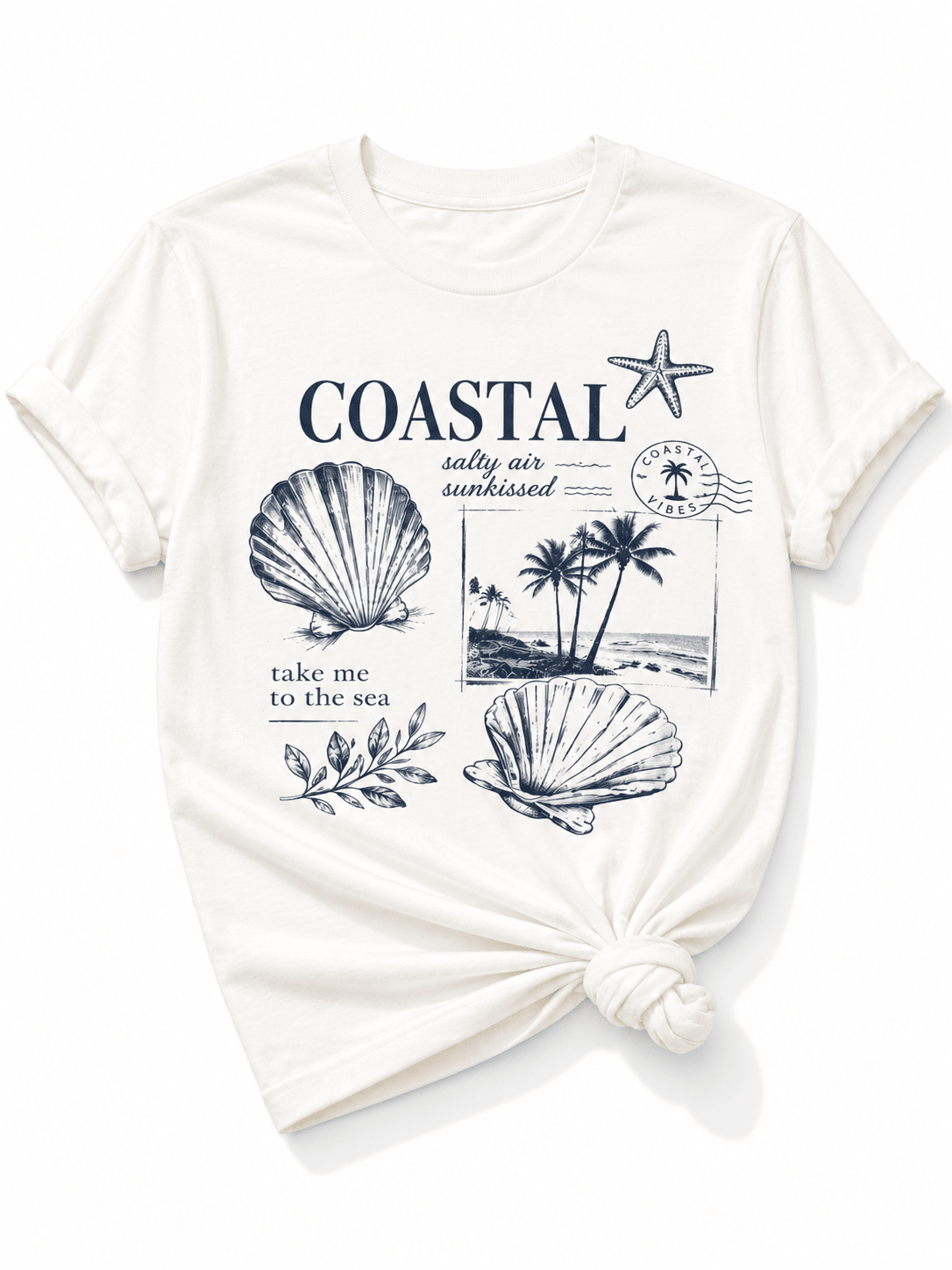 Plus/Reg Short Sleeve Coastal Vibes Shells and Palm Trees Graphic Tee - Freckled Poppy