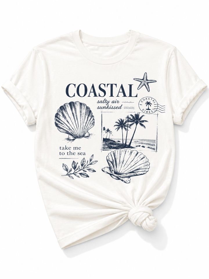 Plus/Reg Short Sleeve Coastal Vibes Shells and Palm Trees Graphic Tee - Freckled Poppy