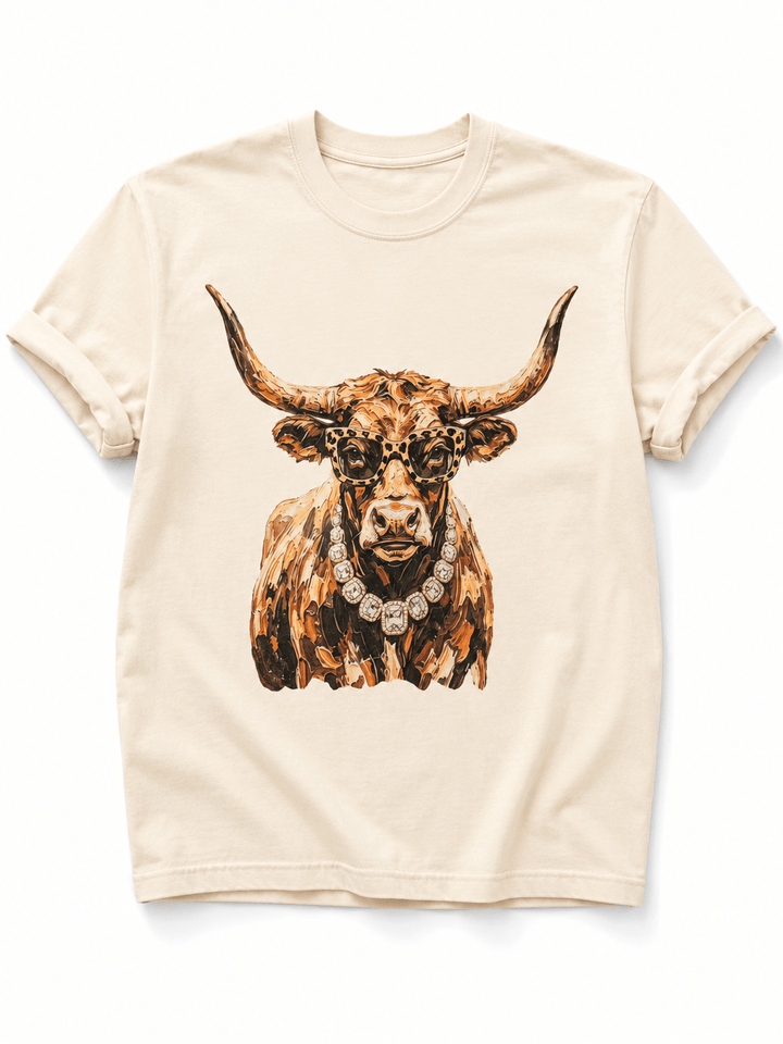 Plus/Reg Short Sleeve Glam Longhorn Western Graphic Tee - Freckled Poppy