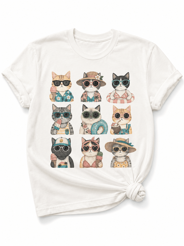 Plus/Reg Short Sleeve Summer Vibes Cat Graphic Tee - Freckled Poppy