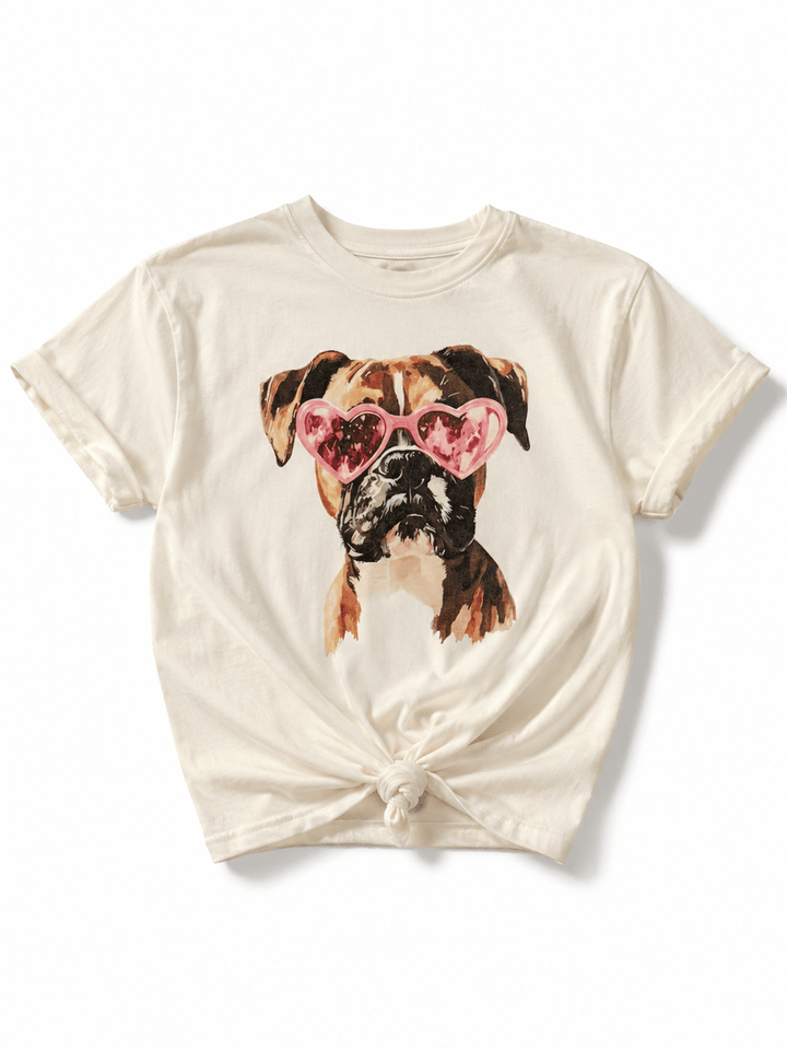 Plus/Reg Short Sleeve "Glam Boxer" Dog Graphic Tee - Freckled Poppy