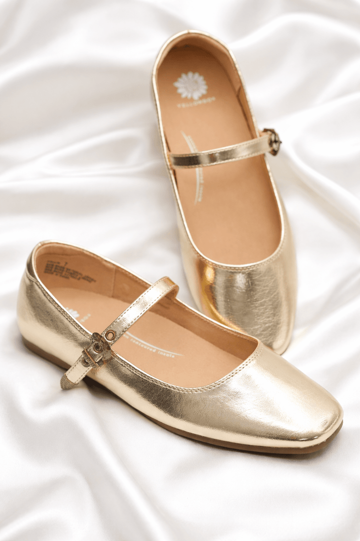Yellow Box Metallic Vegan Leather Mary Jane Flat with Buckle Strap - Freckled Poppy