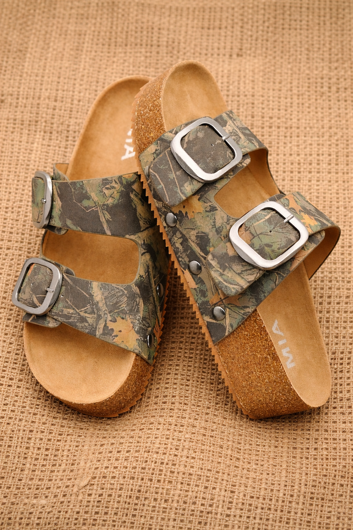 MIA Camo Print Double Buckle Cork Footbed Sandal