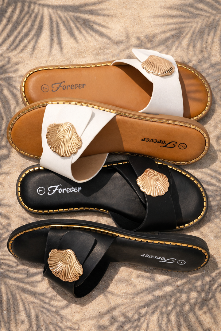 Vegan Leather Slide Sandal with Shell Accent