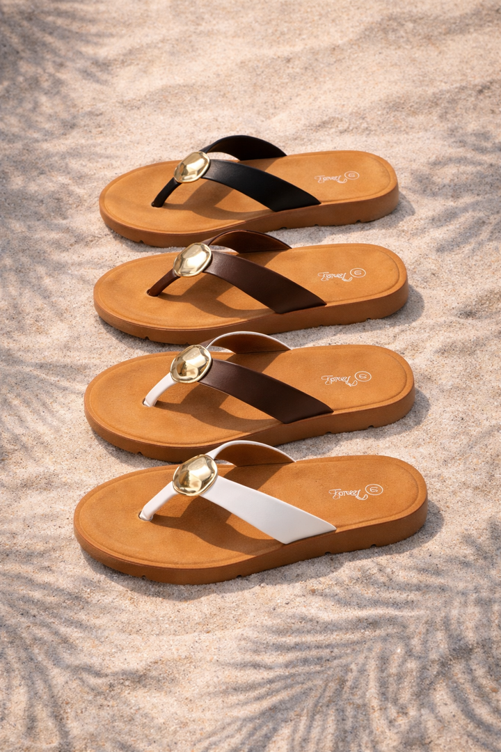Vegan Leather Thong Sandal with Gold Accent Detail