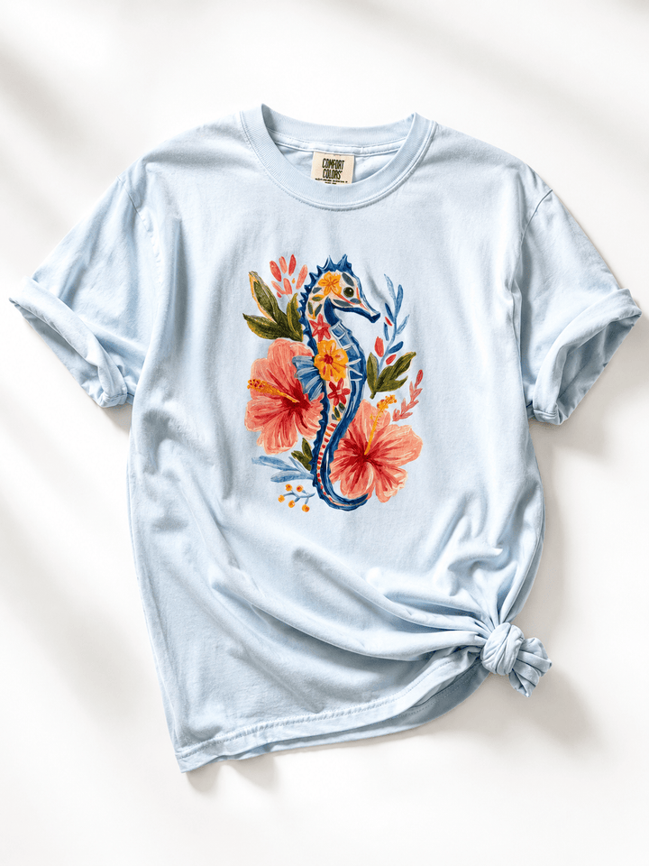 Plus/Reg Short Sleeve Floral Seahorse Graphic Tee - Freckled Poppy