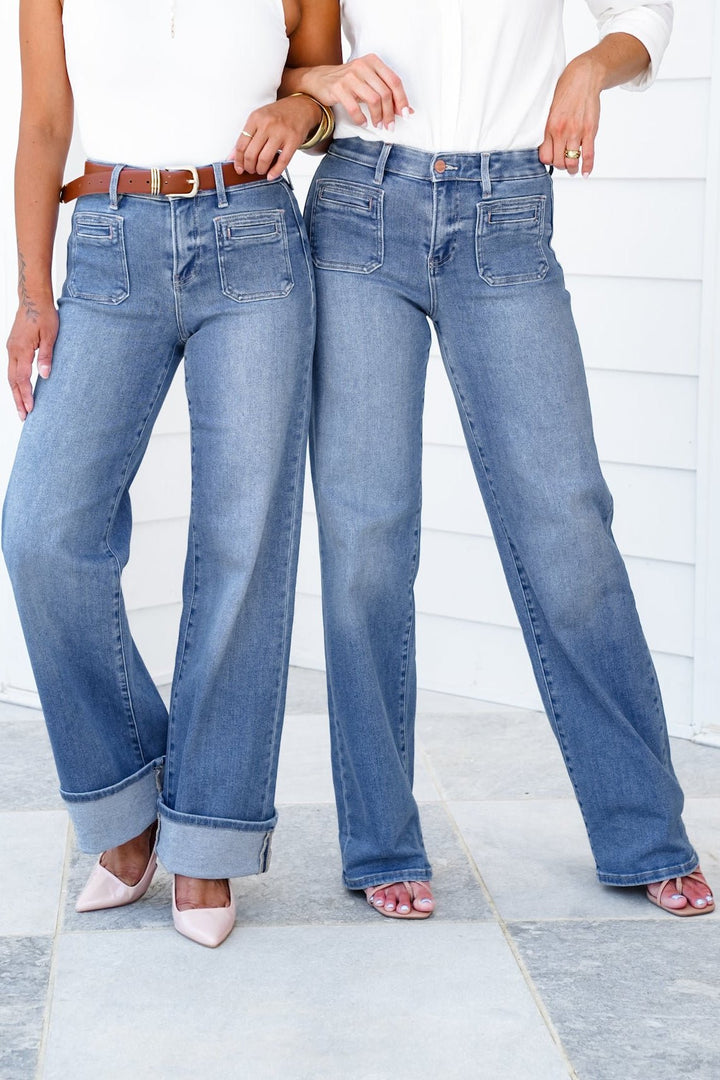 Risen High Rise Medium Wash Wide Leg Cuffed Front Patch Pocket Jeans with Elastic Waistband - Freckled Poppy