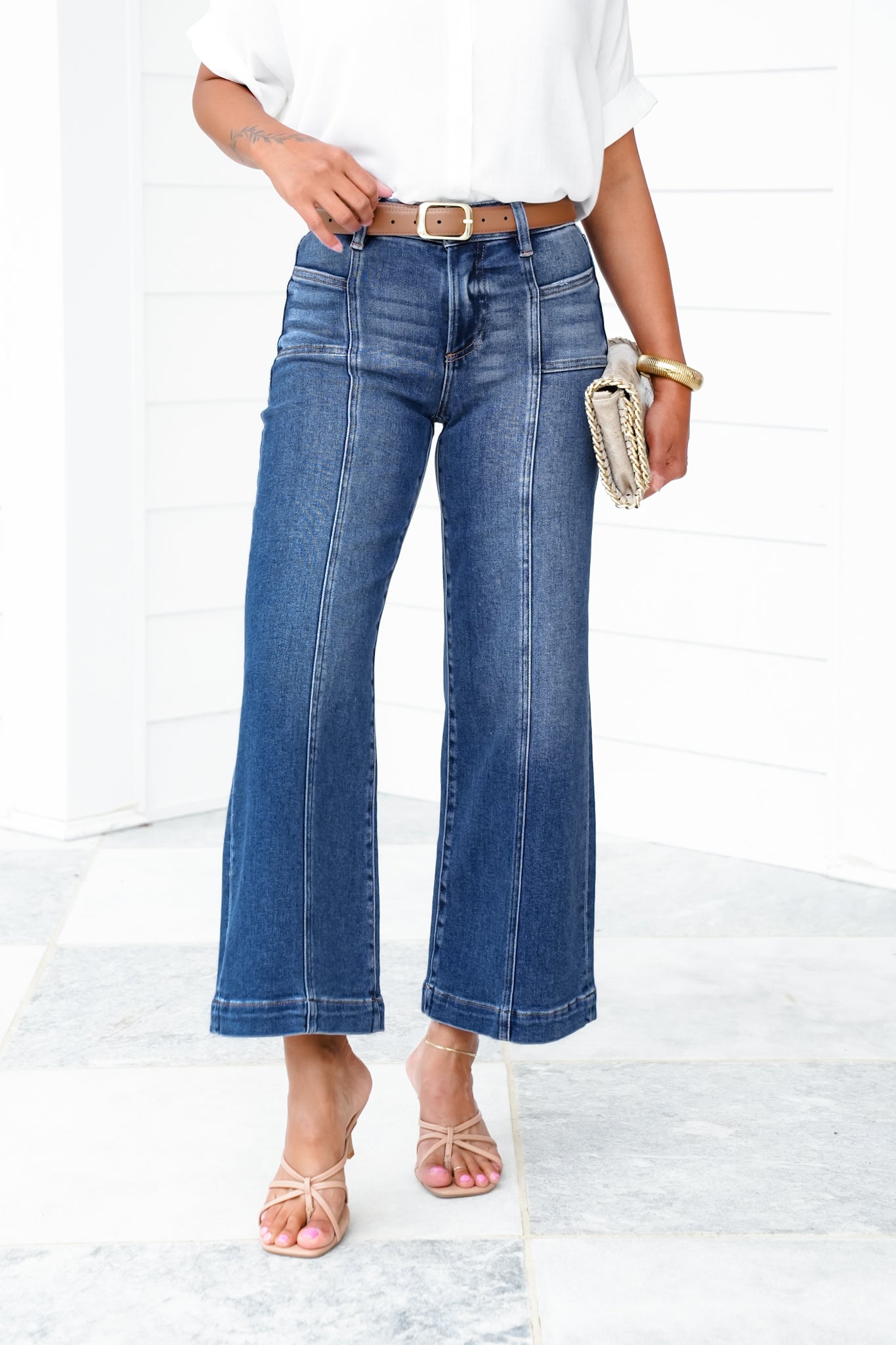 Risen Mid Rise Dark Wash Cropped Wide Leg Jeans with Front Patch Pockets