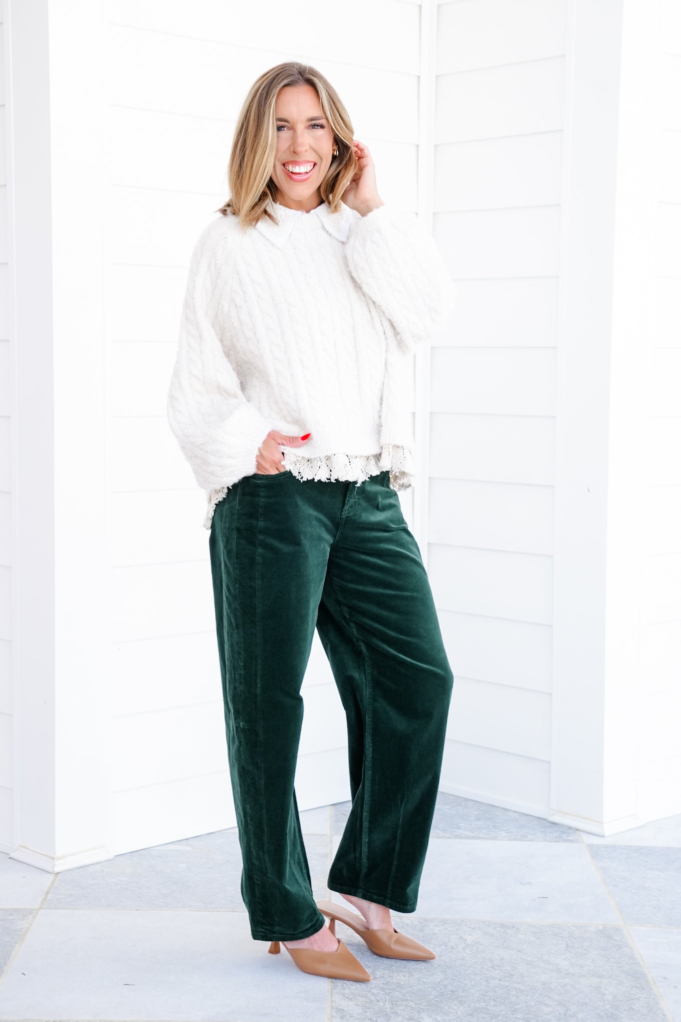 Risen High Rise Green Cuffed Corduroy Barrel Pants