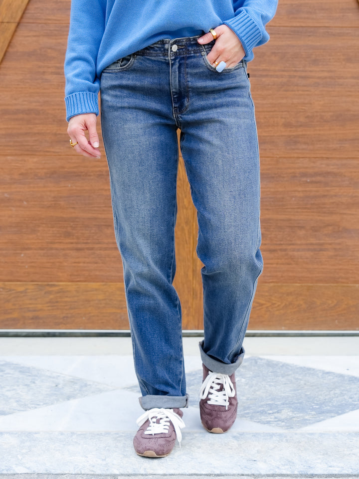 Judy Blue Mid Rise Dark Wash Boyfriend Jeans with Adjustable Back Tab