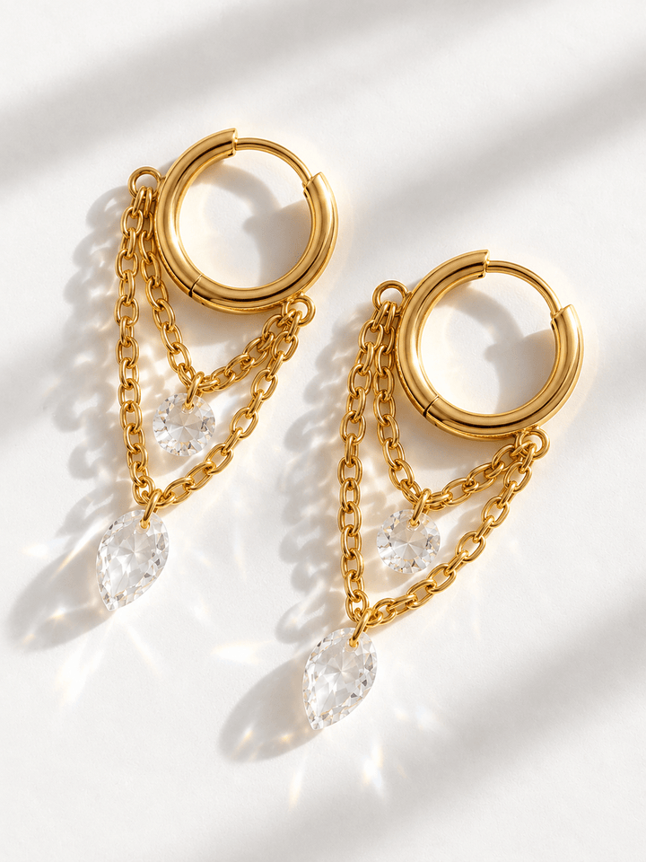 Gold Crystal Chain Drop Hoop Earrings - Freckled Poppy