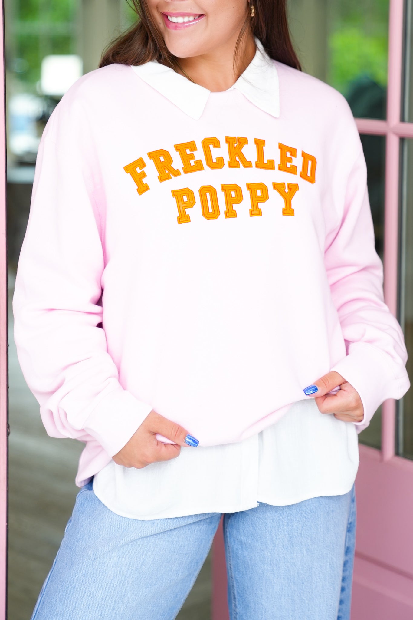 Plus/Reg Long Sleeve Pink "Freckled Poppy" Graphic Sweatshirt