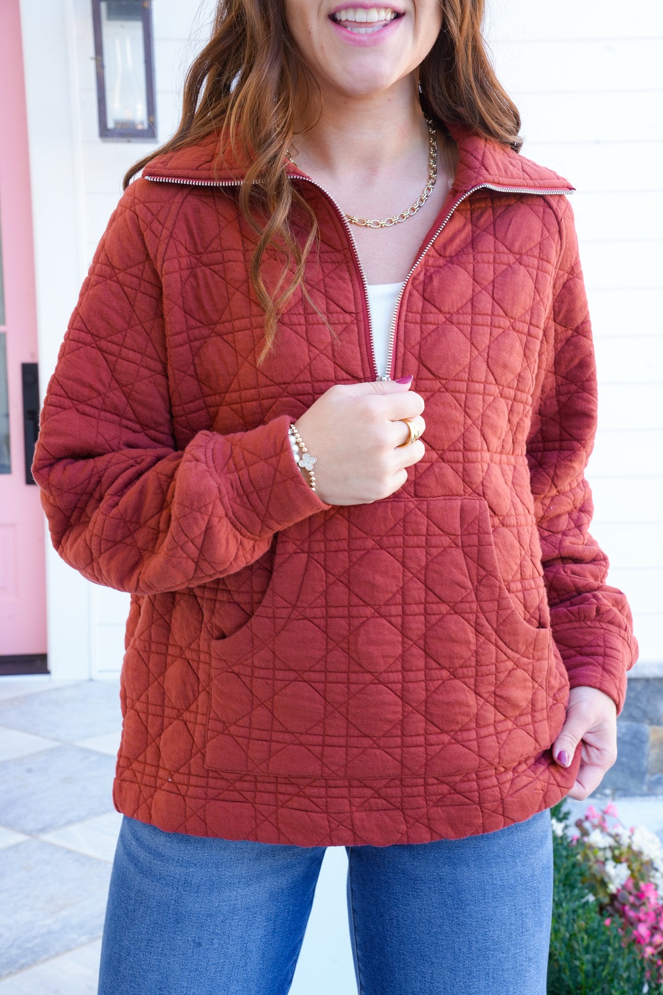 Plus/Reg Long Sleeve Quilted Zip Up Sweatshirt