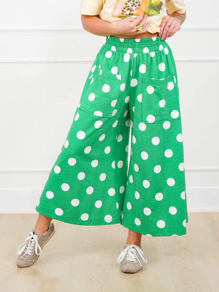Plus/Reg Green Polka Dot Elastic Waist Wide Leg Pants
