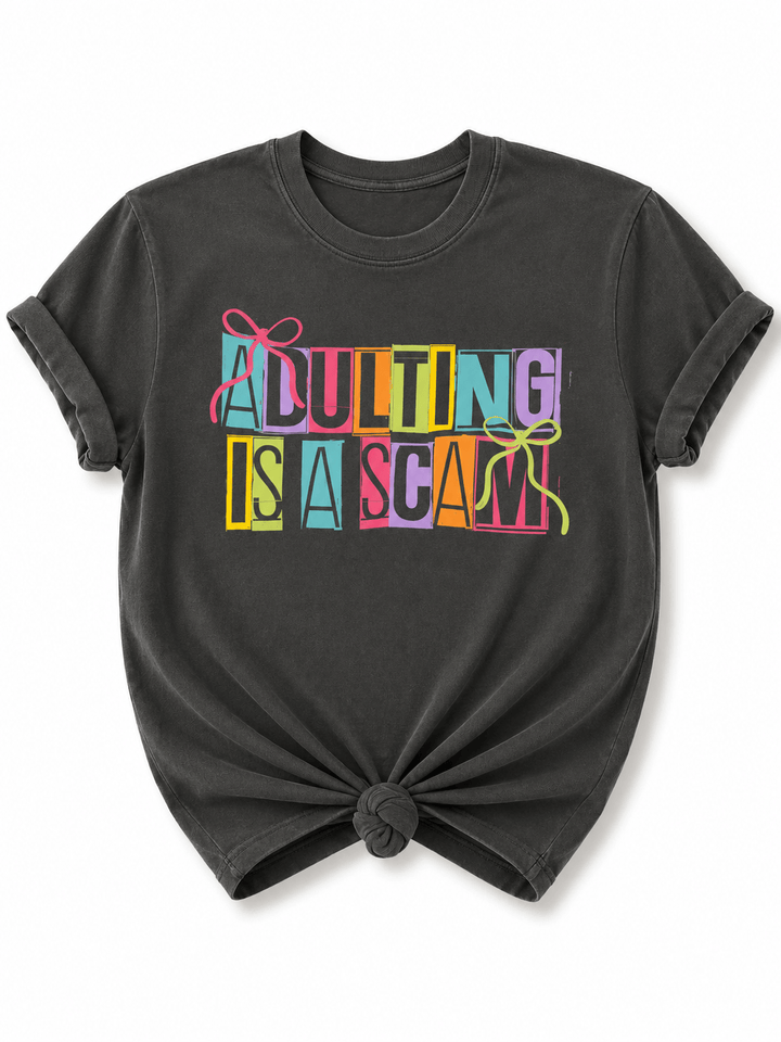 Plus/Reg Short Sleeve "Adulting is a Scam" Graphic Tee - Freckled Poppy