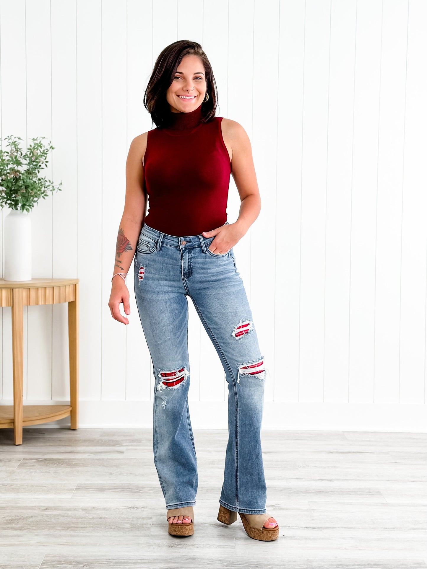 Judy Blue Plaid for You Mid Rise Medium Wash Bootcut Jeans With Patch Detail