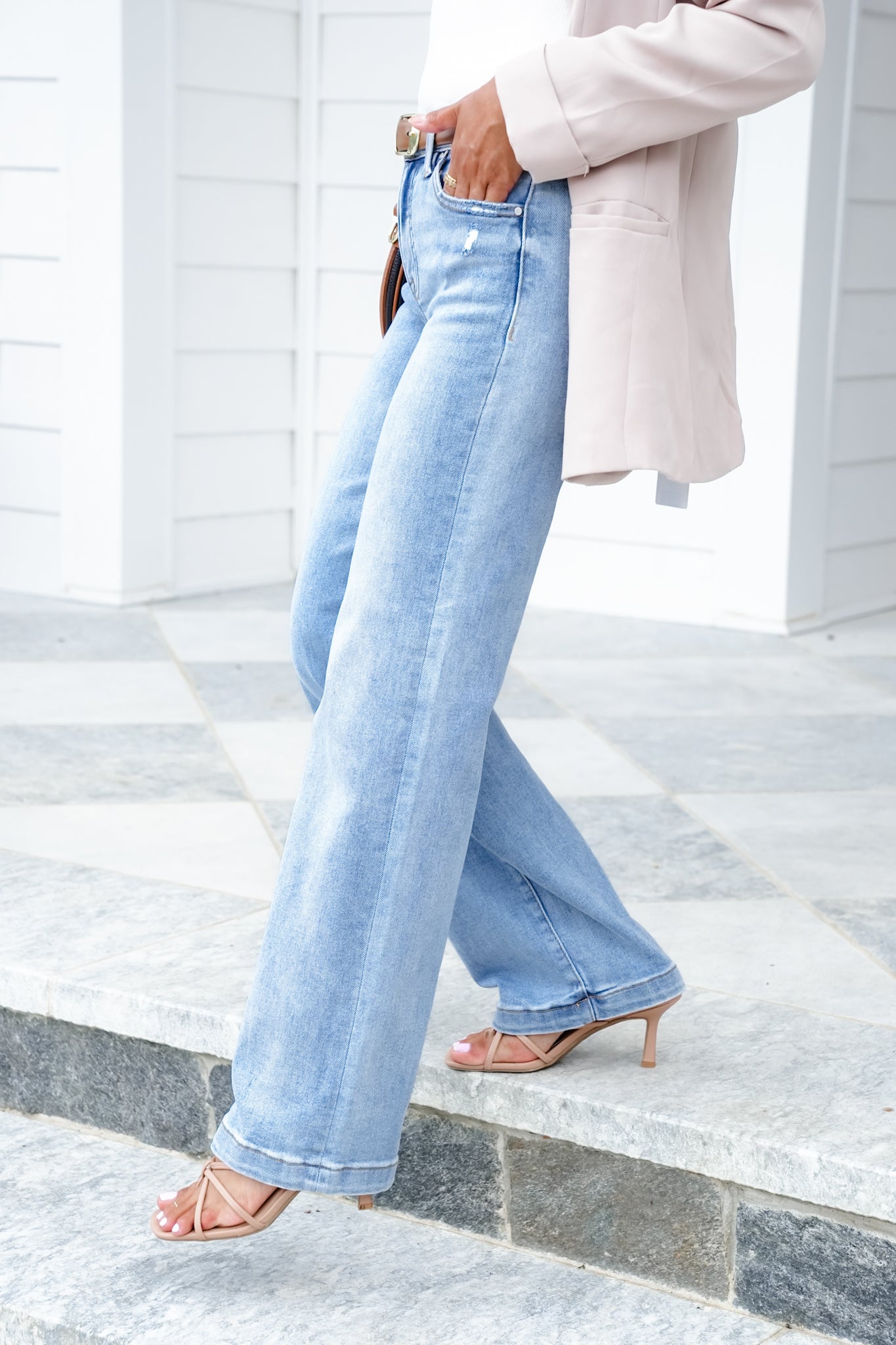 Risen Mid Rise Light Wash Tummy Control Elastic Waistband Wide Leg Jeans