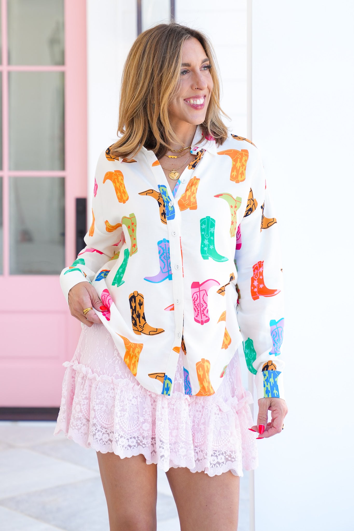 Cowboy Boot Print Long Sleeve Button Down Top