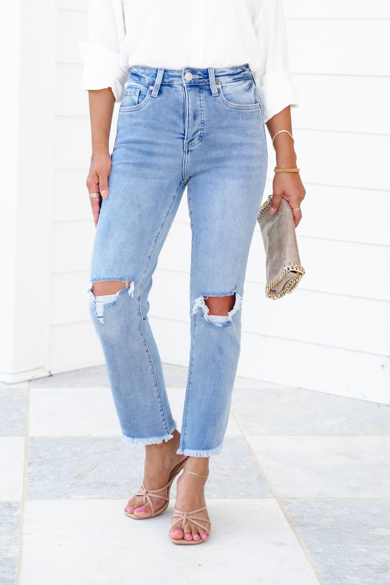 RFM High Rise Light Wash Step Fray Hem Slim Straight Leg Jeans