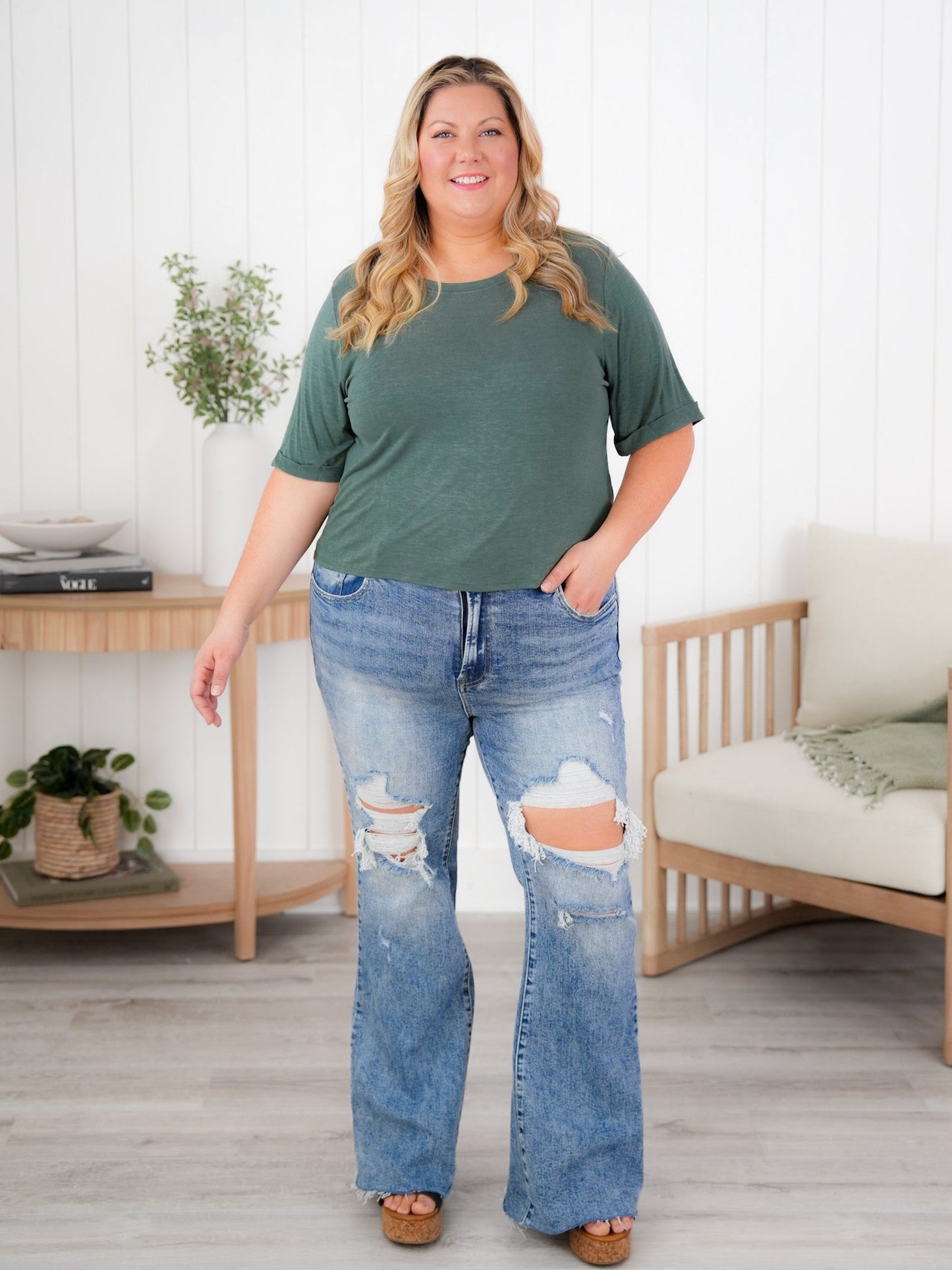 Plus/Reg Solid Short Cuffed Sleeve Top (Multiple Colors)
