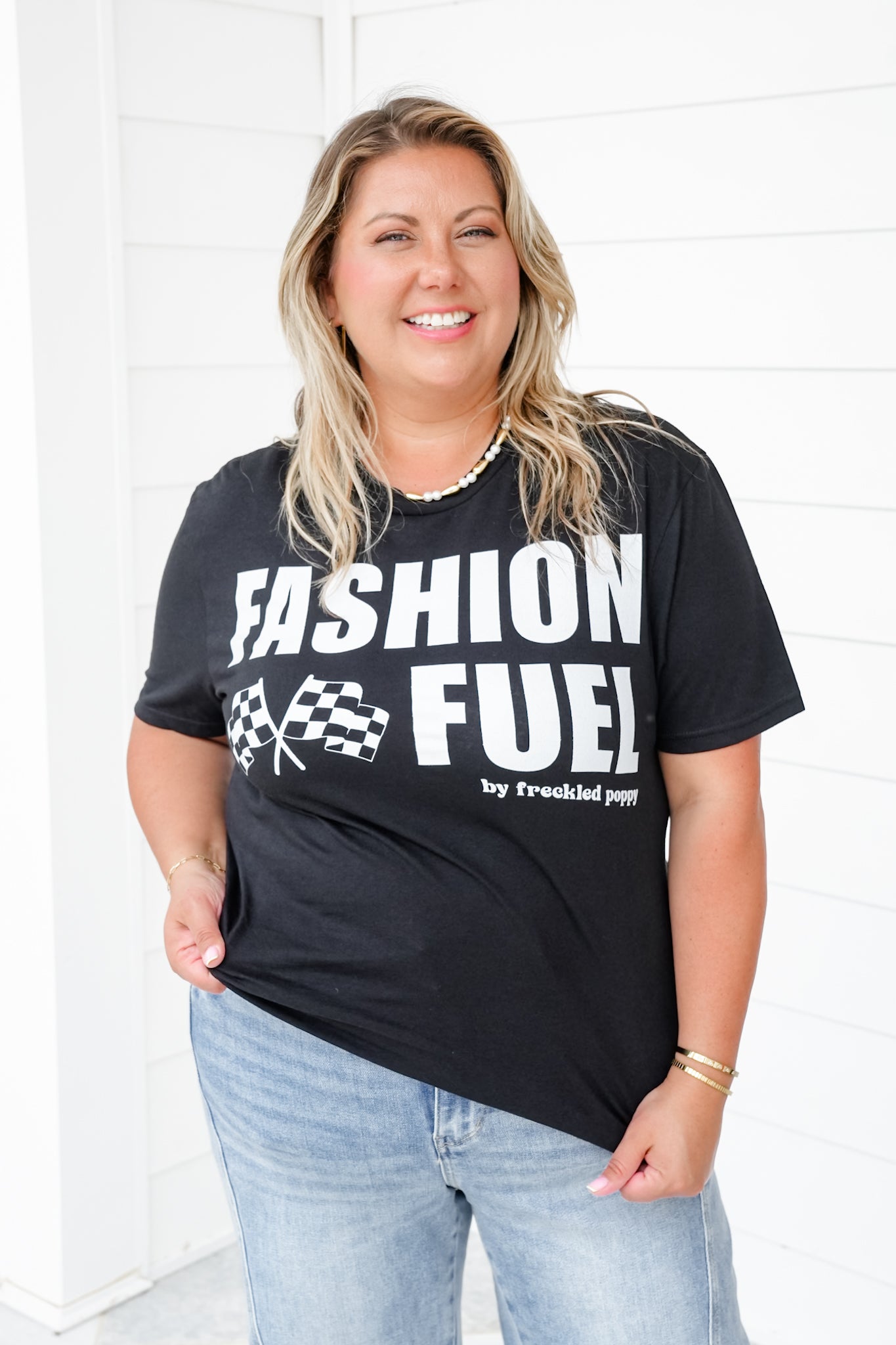 Plus/Reg Black Short Sleeve "Fashion Fuel By Freckled Poppy" Graphic Tee with Racing Flag