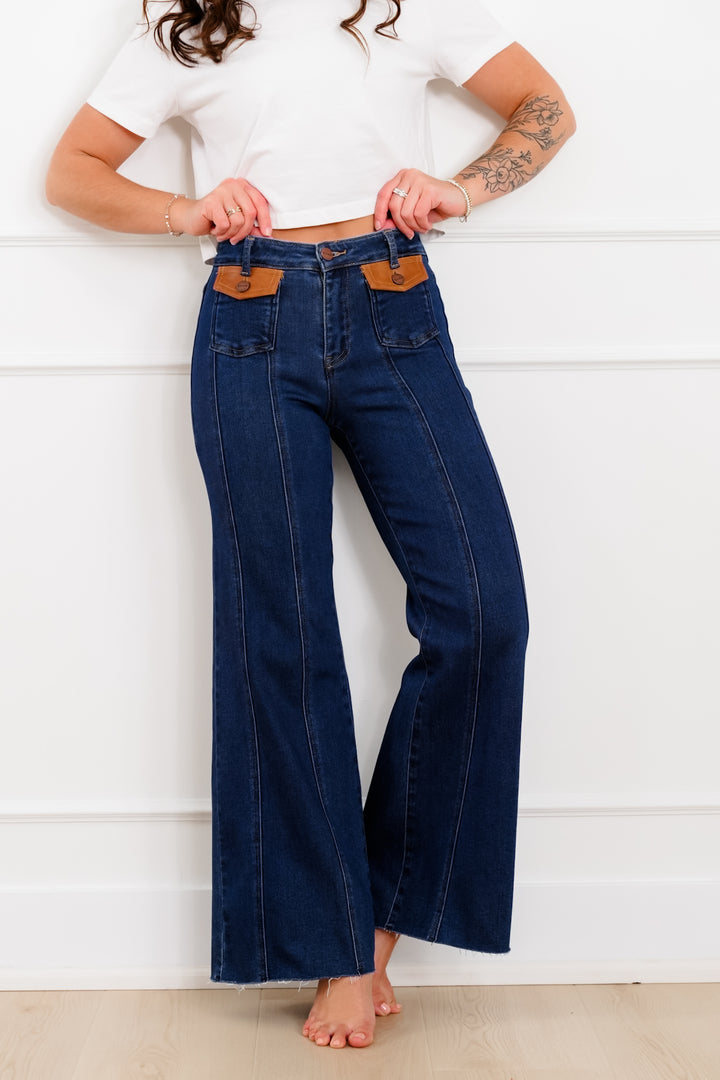 Risen High Rise Dark Wash Wide Flare Jeans with Leather Pocket Flap