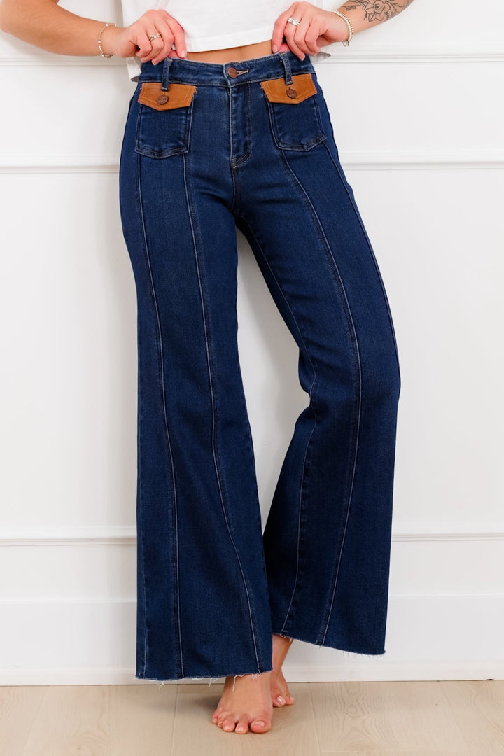 Risen High Rise Dark Wash Wide Flare Jeans with Leather Pocket Flap